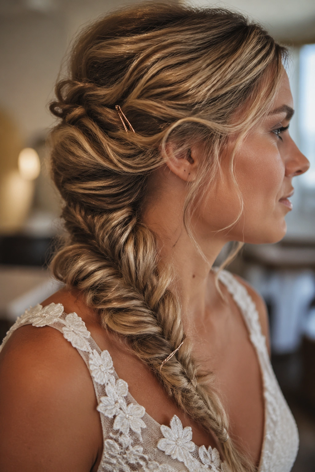 Bride's fishtail braid secured with pins, in a bridal room