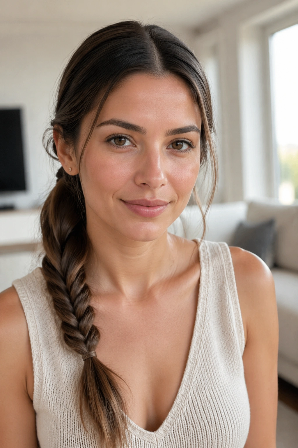 Close-up of a real woman with a center-part low fishtail ponytail in a bright living room