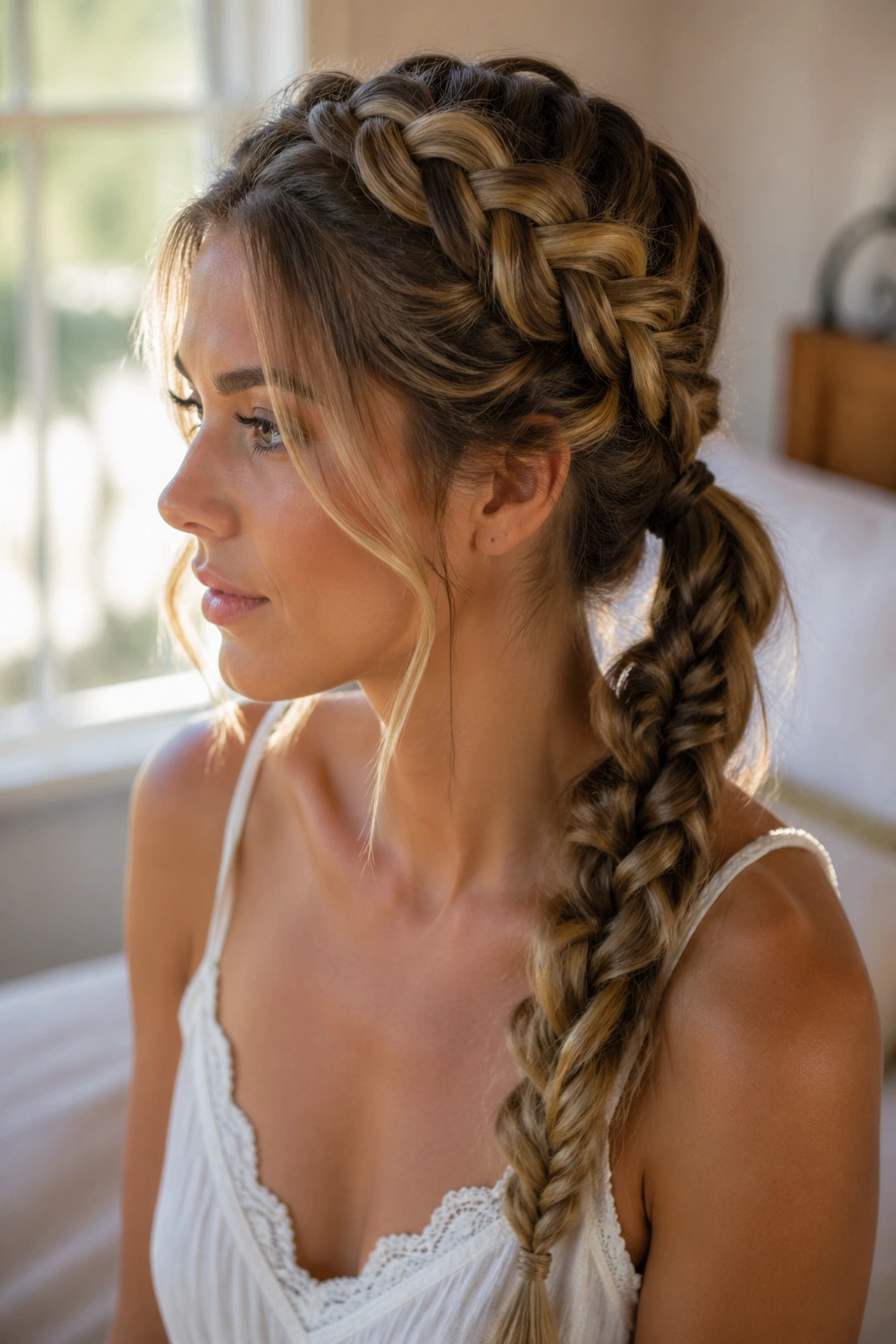 Close-up of a real woman with a French braid crown transitioning to a fishtail ponytail in sunlit bedroom