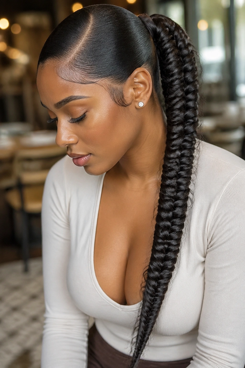 Real woman with long fishtail braid ponytail