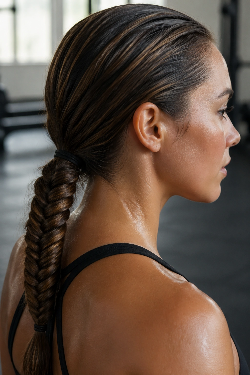 Close-up of a real woman with a low fishtail braid leading to a ponytail at the nape