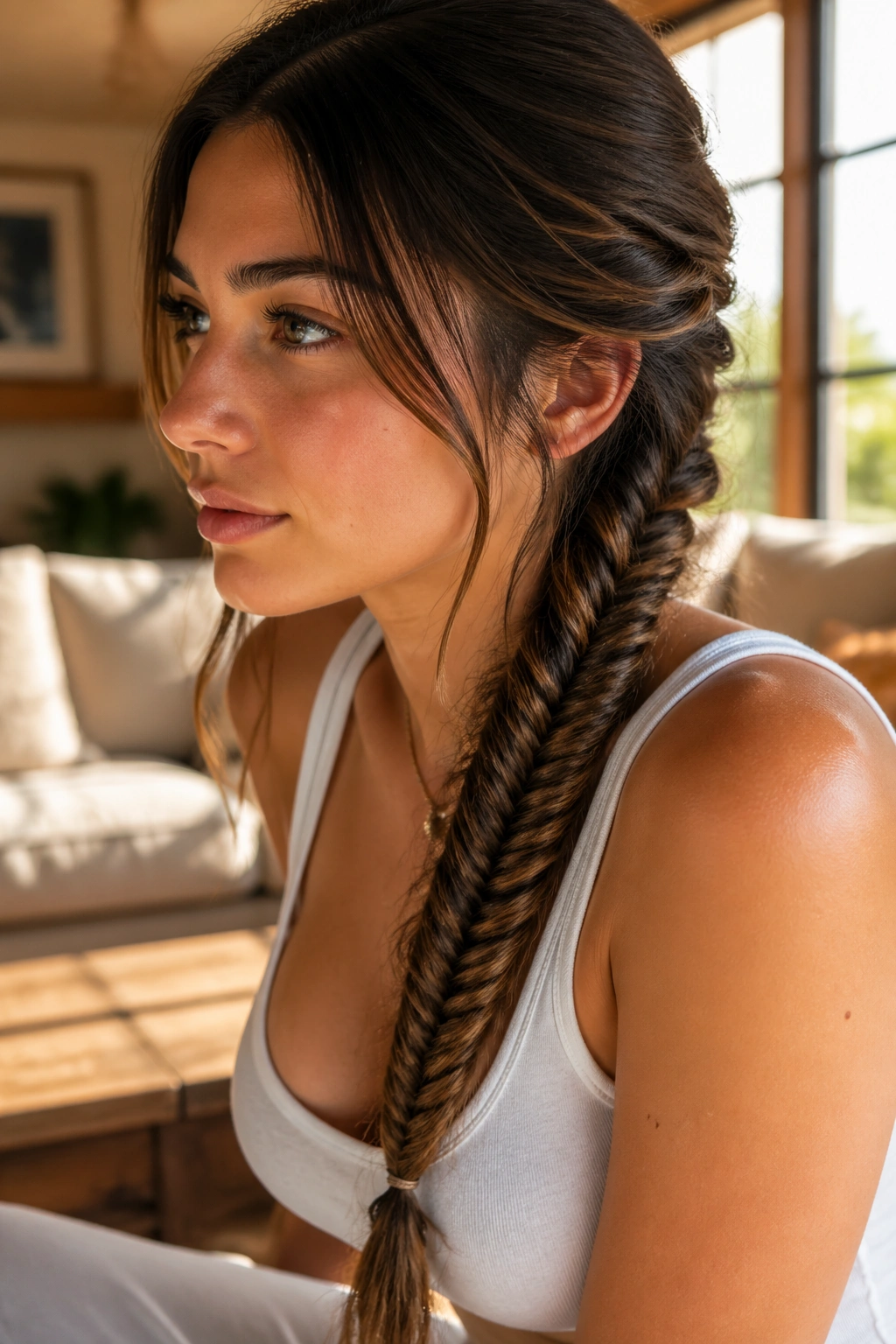 Close-up portrait of a real woman with a fishtail braid over the shoulder