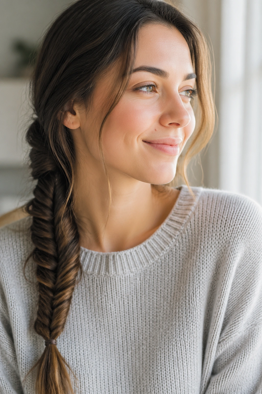 Real person with a fishtail braid over the shoulder