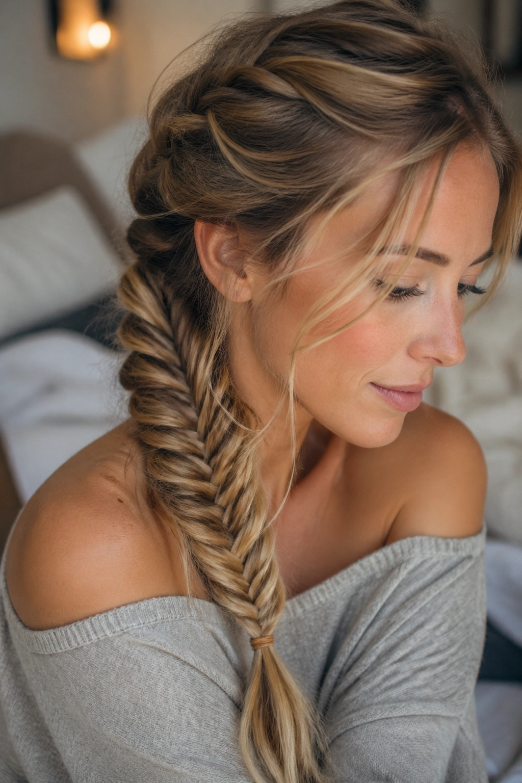 Close-up of a real woman's head showing a loose fishtail braid at the nape