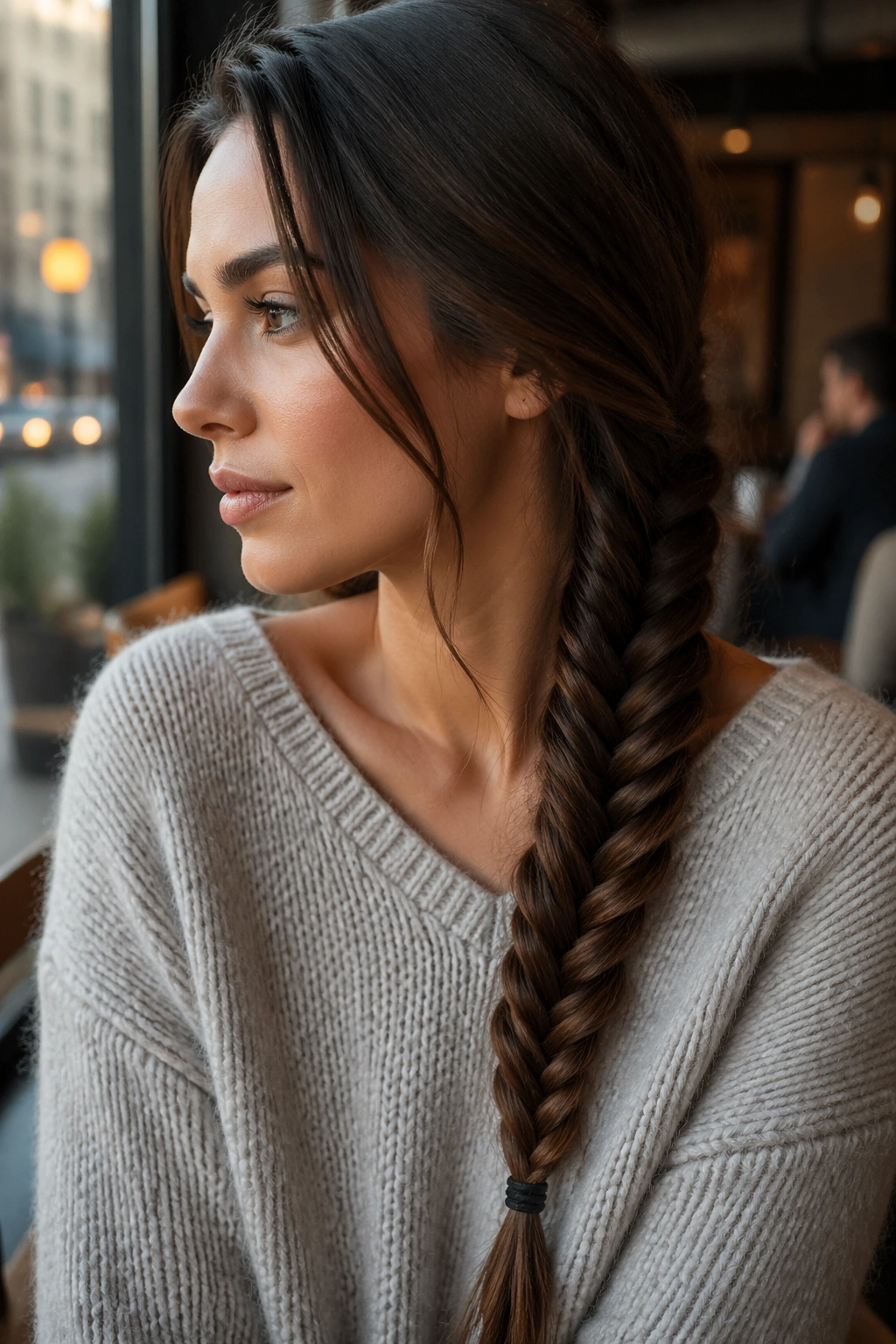 Close-up portrait of a real woman wearing a fishtail braid down the side of her head.
