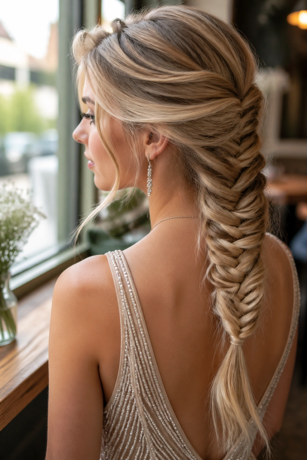 Fishtail braid with sandy beige blonde on a real woman.