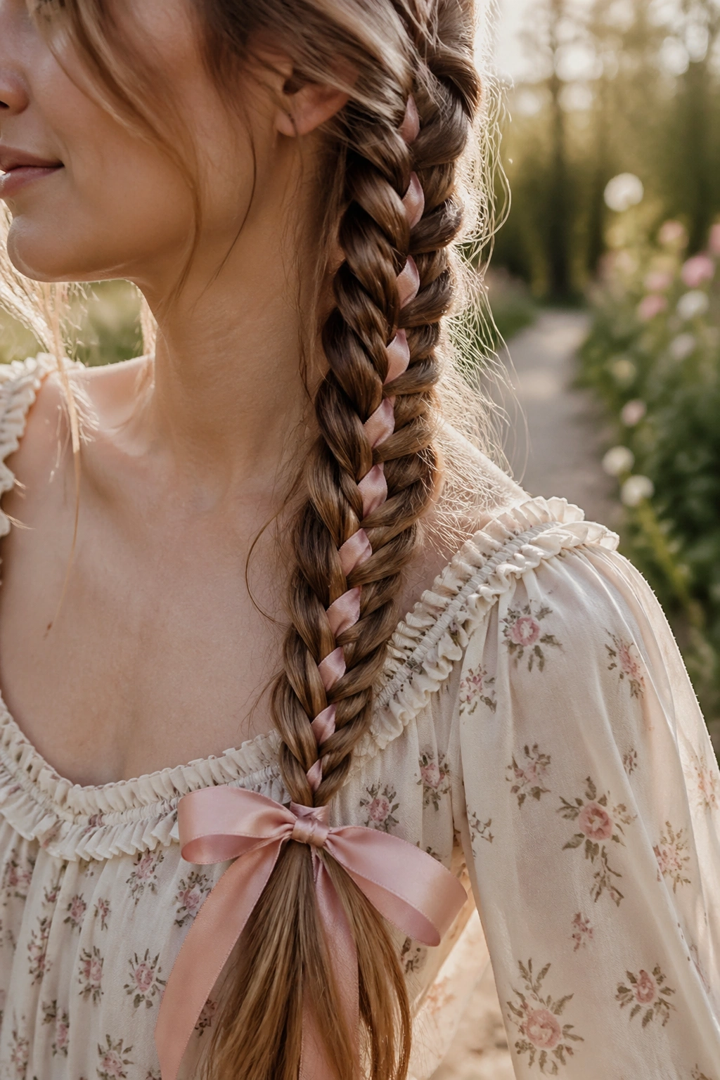 Outdoor portrait of a real woman with a satin-threaded fishtail braid.