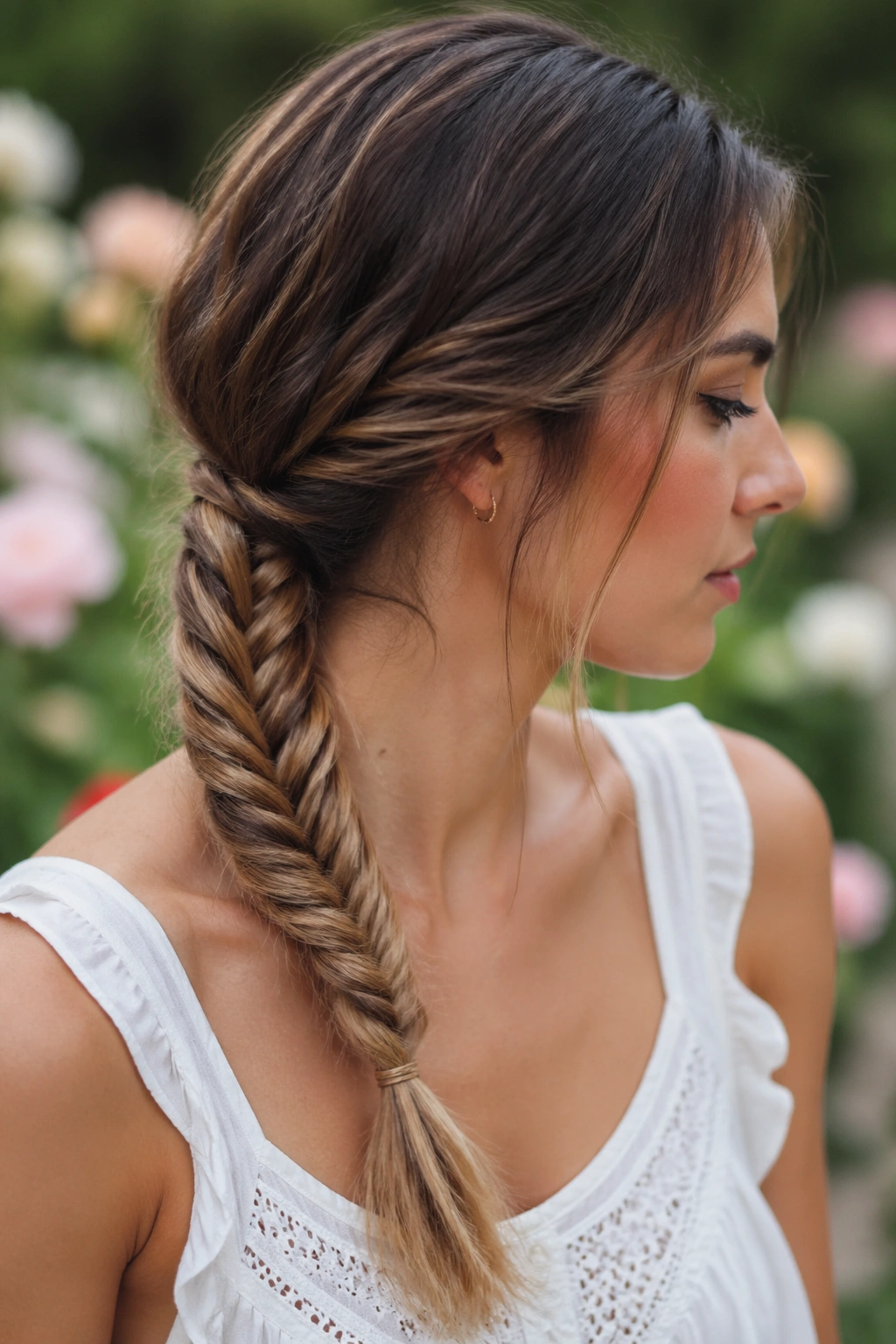 Close-up of a real woman's head with a fishtail braid starting at the nape