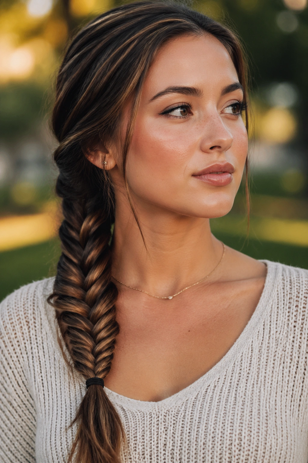 Close-up of a real woman's face with a fishtail braid over one shoulder