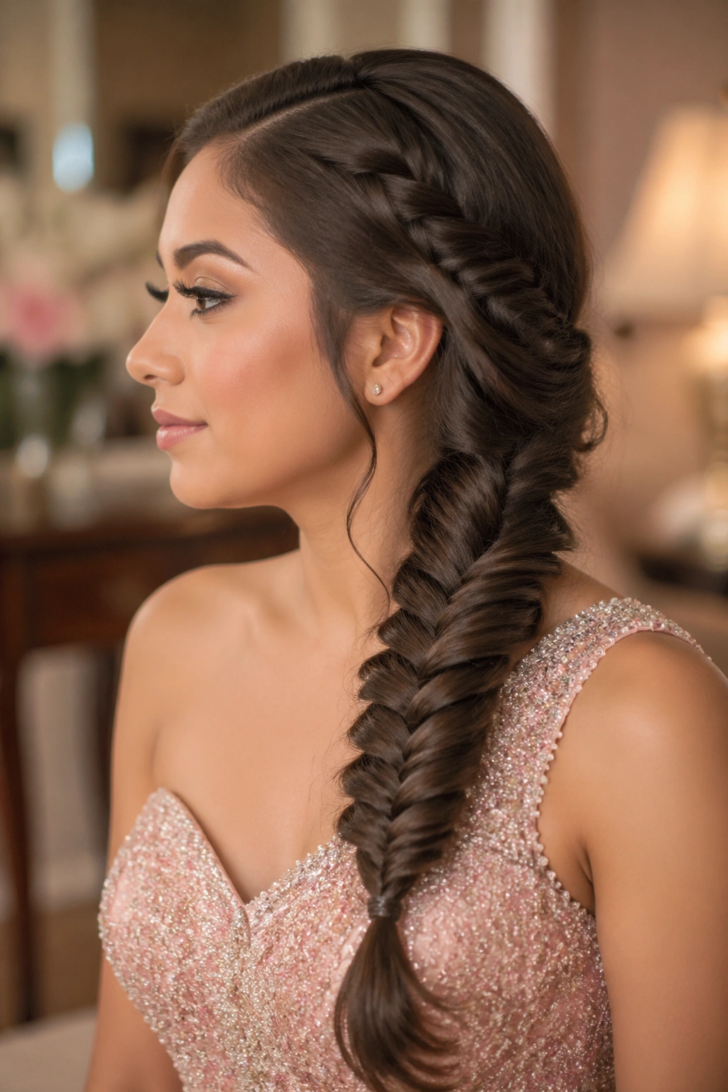 Side profile of real woman's head with a side fishtail braid over the shoulder