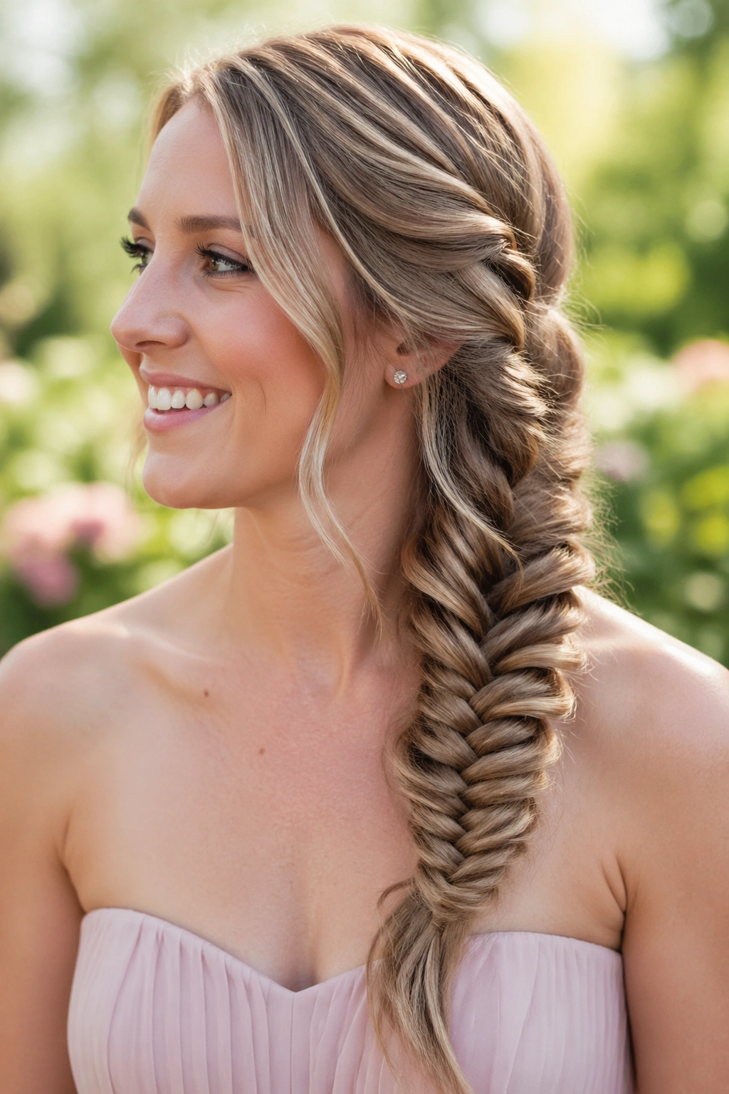 Fishtail side braid on real woman in sunny garden
