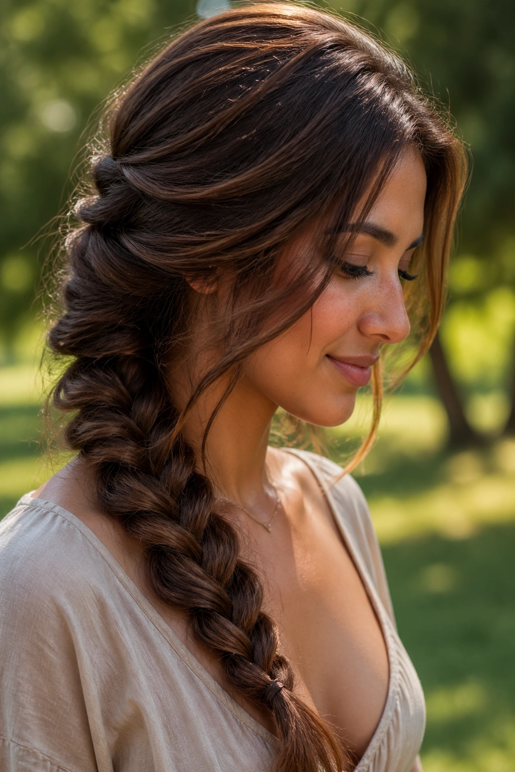 Close-up of a woman with a loose chocolate brown fishtail braid in sunlit park