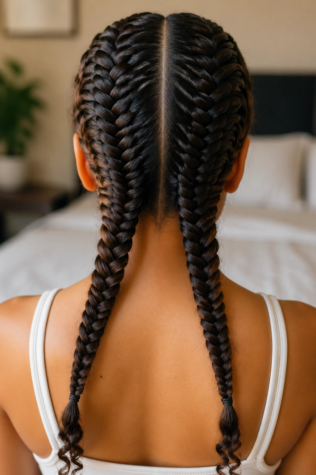 Back view of a real person with twin fishtail braids on stretched curls