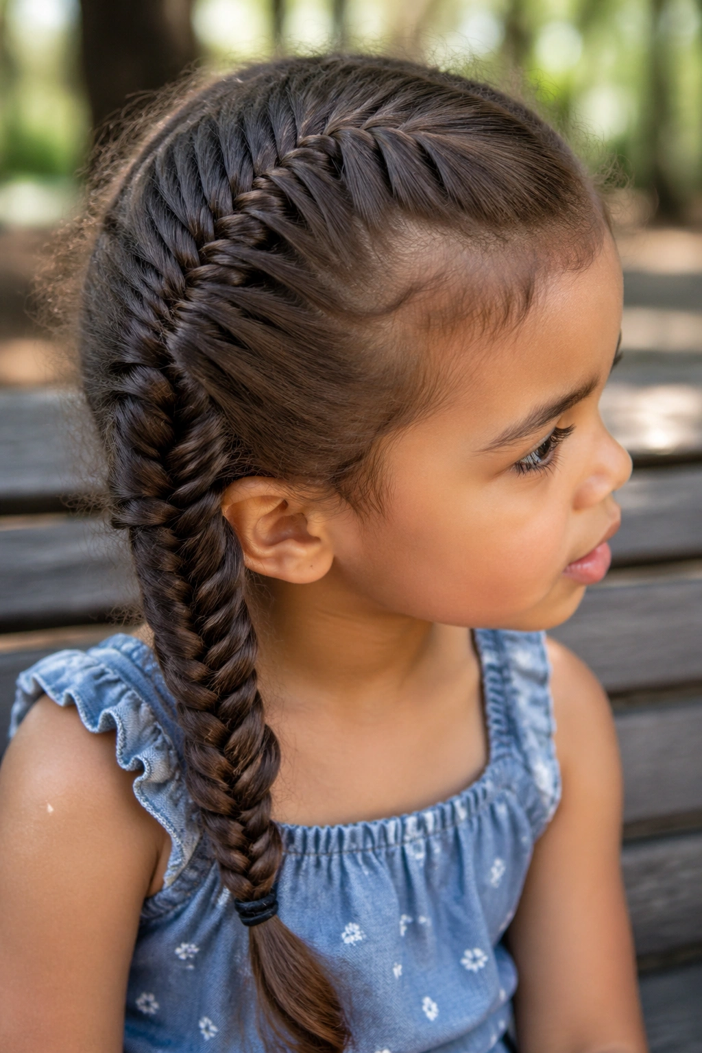Close-up of a toddler with a fishtail side braid outdoors in sunlight