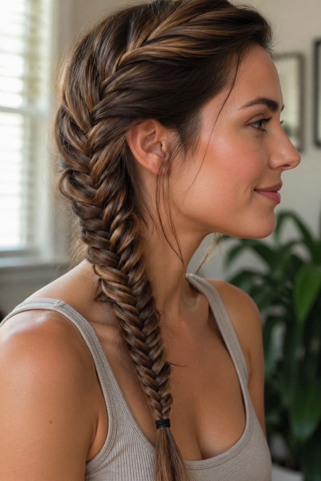 Side profile of real woman with a fishtail braid