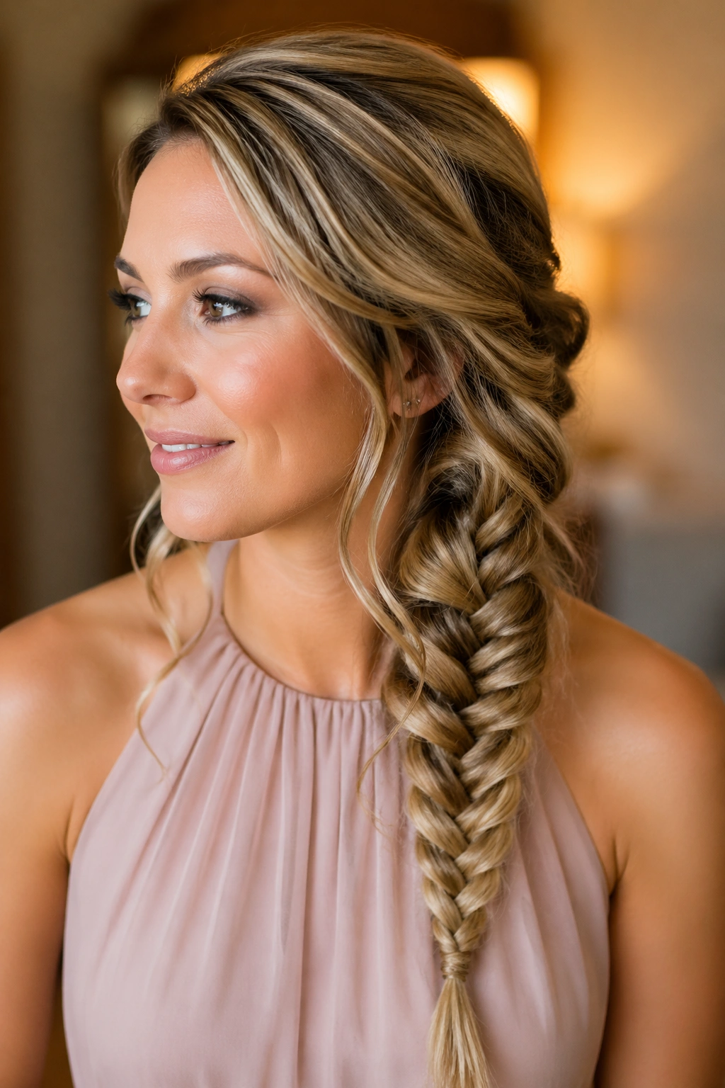 Close-up of real woman with loose fishtail braid over the shoulder