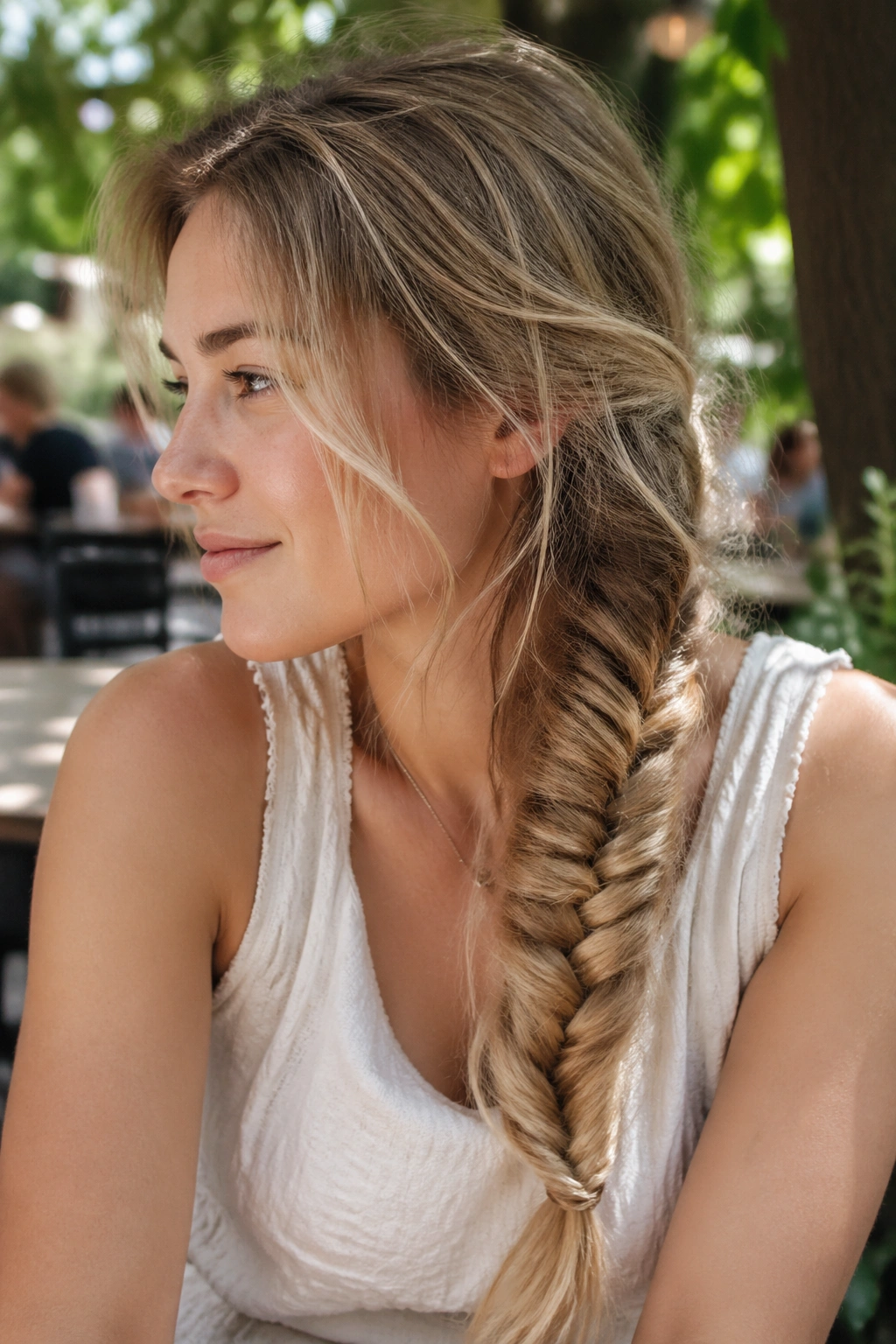Close-up portrait of a real woman with a worn-in fishtail braid outdoors, showing flyaways and ropey texture