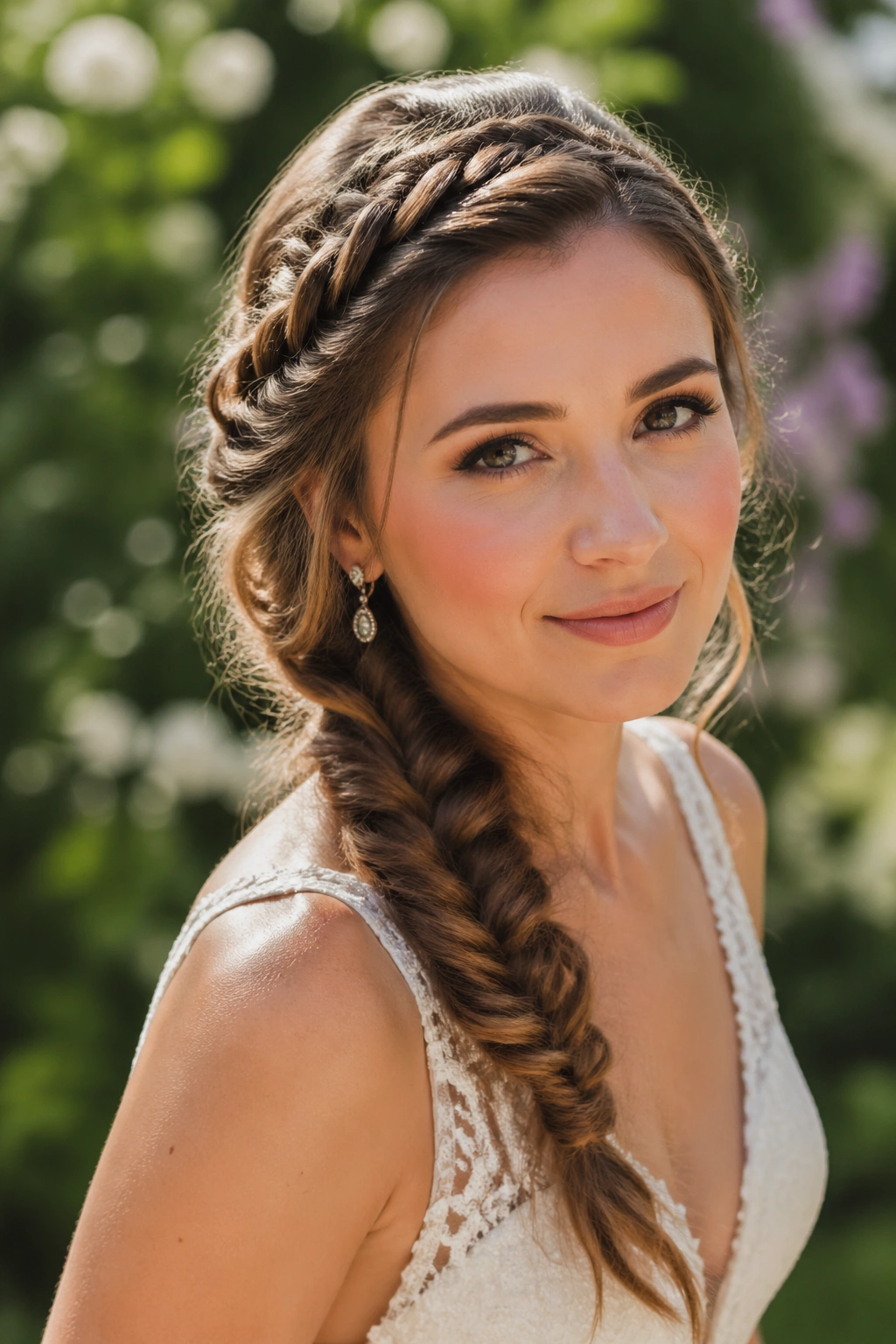 Bride with fishtail and braided bangs framing the face in a garden setting.