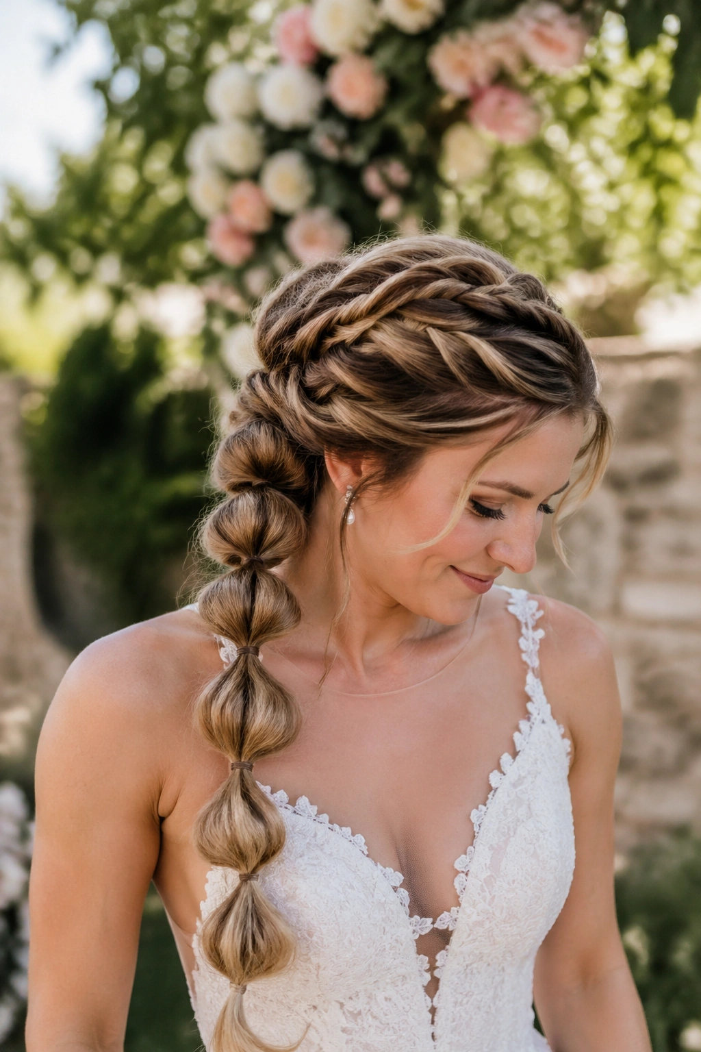 Bride with fishtail-to-bubble hybrid braid in garden setting