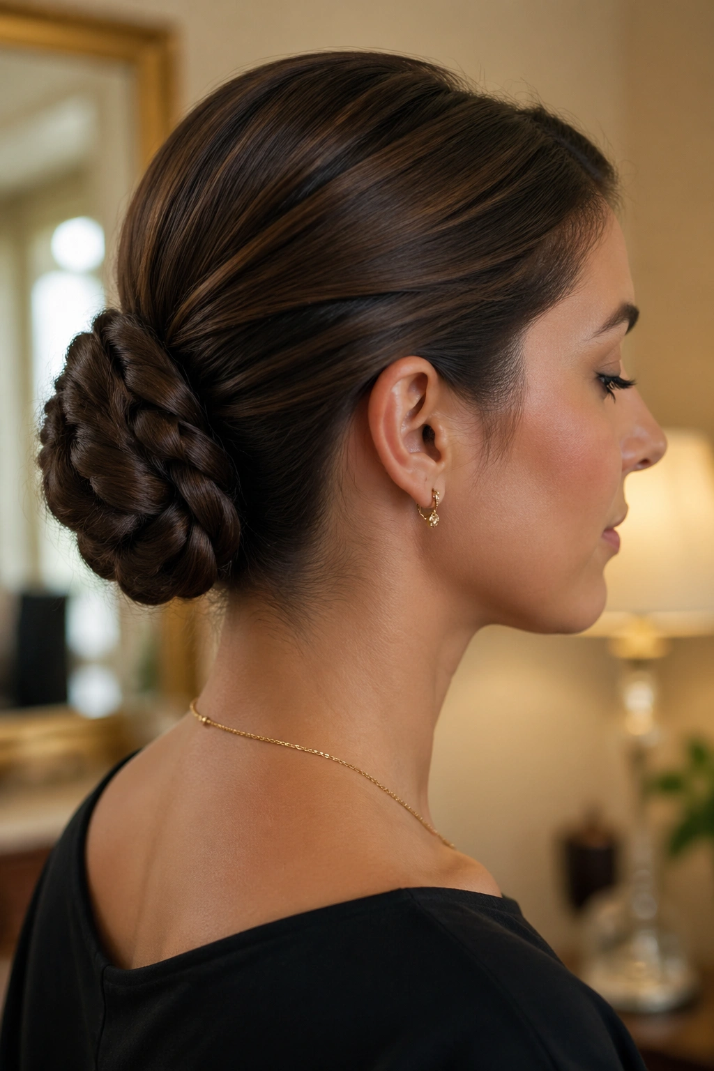 Close-up of a real woman with a low fishtail bun at the nape