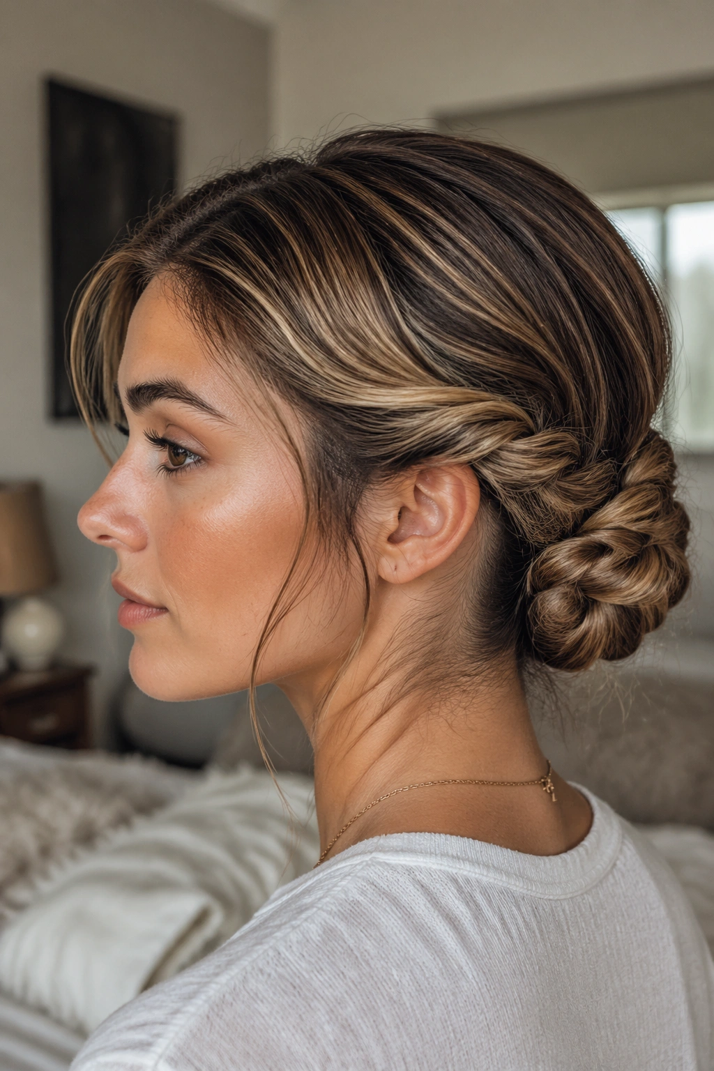 Close-up of a real woman wearing a fishtail wrapped bun at the nape