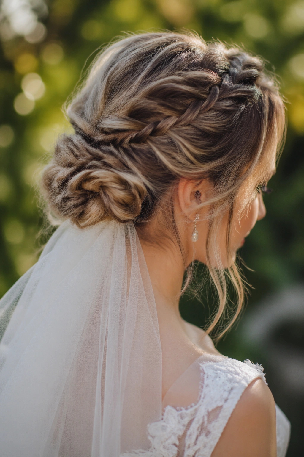 Close-up of a bride with textured fishtail bun and veil underlay in garden wedding setting