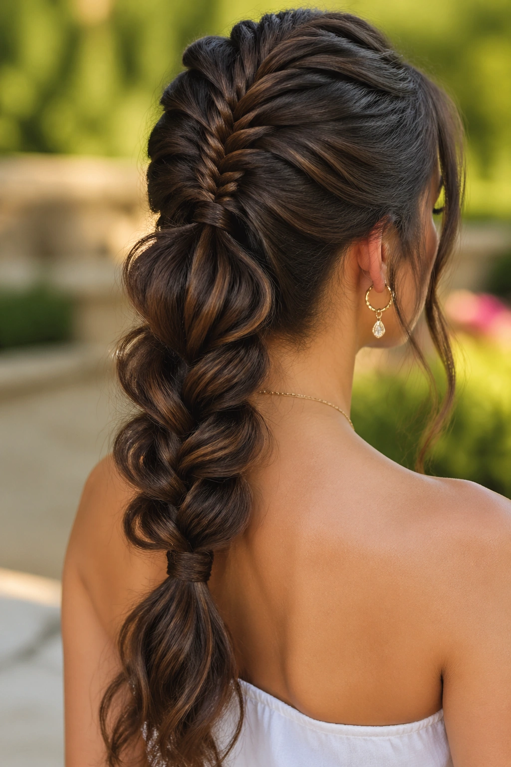 Real woman with fishtail-blend butterfly braid ponytail in a sunlit garden