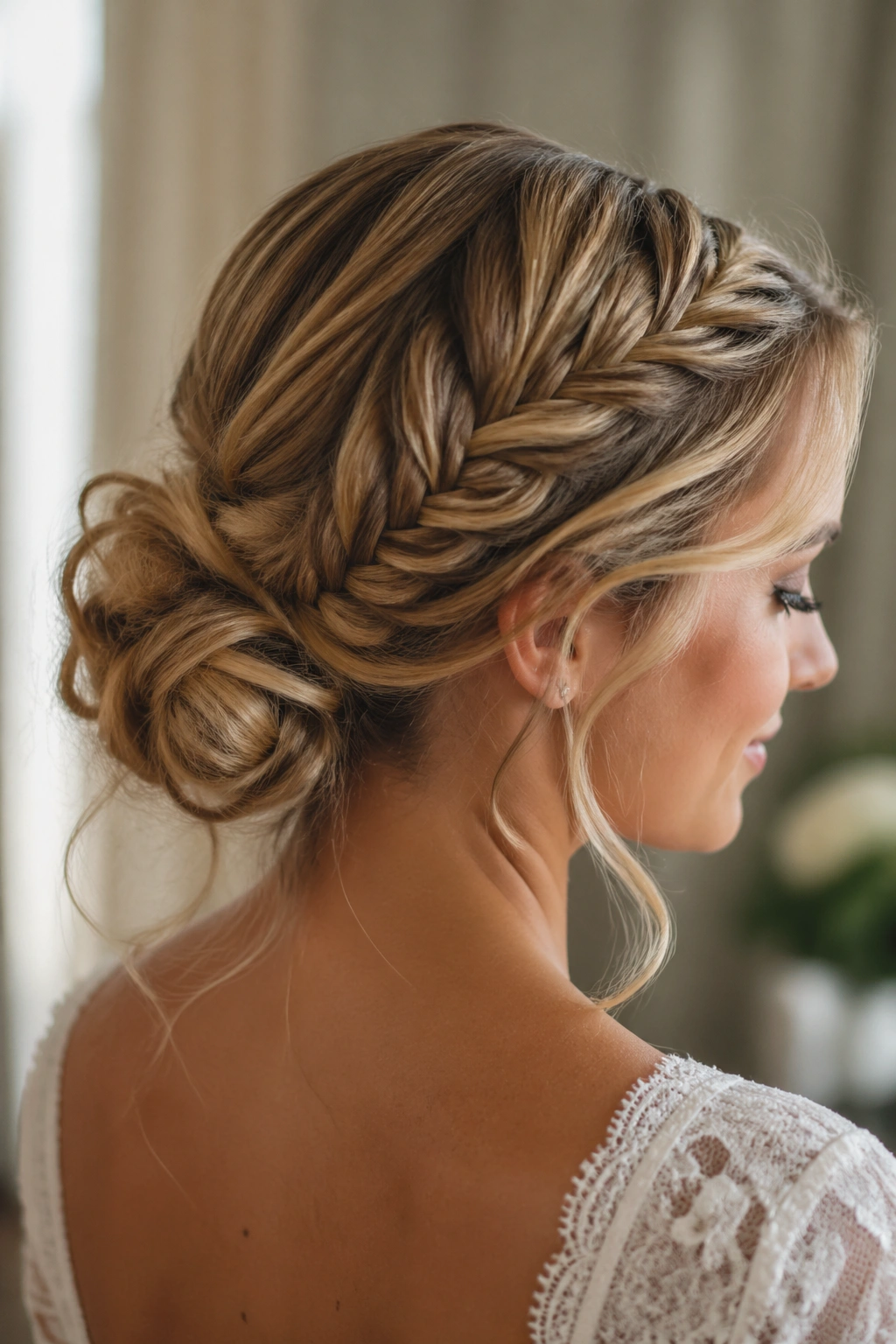Bride with loose fishtail chignon, close-up
