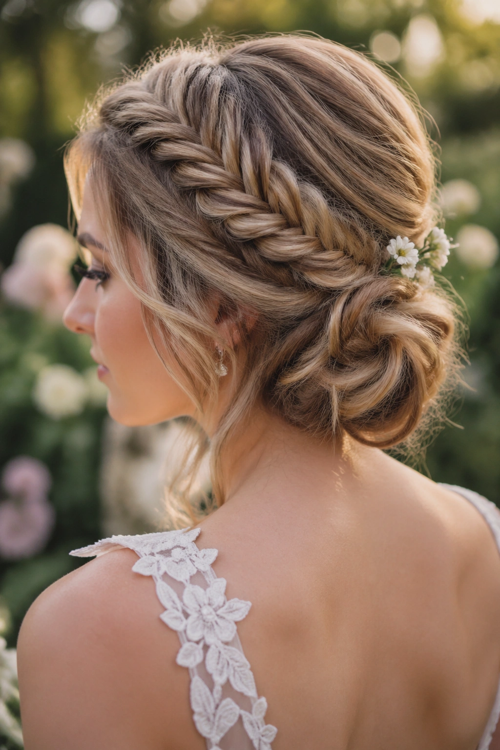 Close-up of a real bride with fishtail wrapped into a messy chignon in a garden