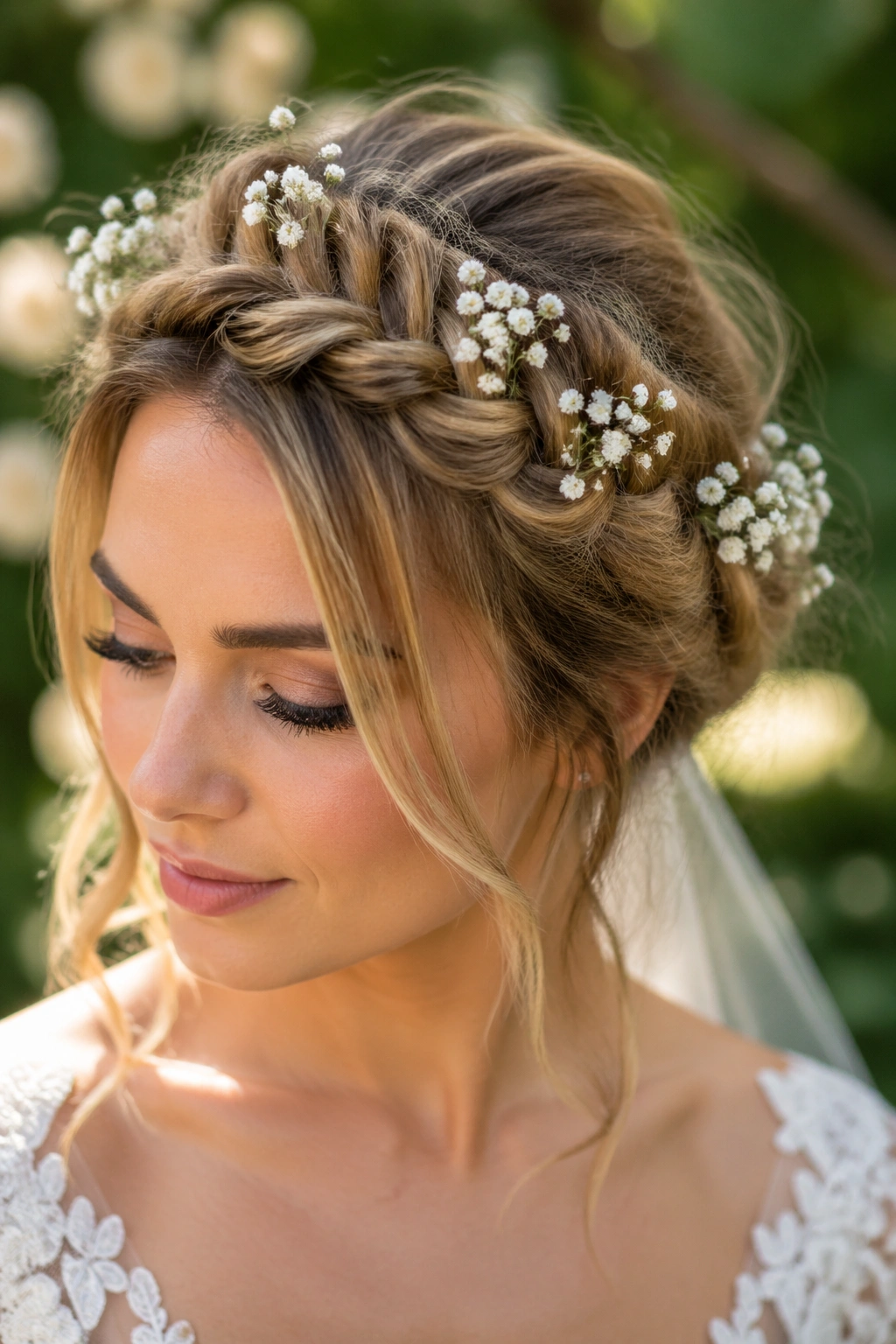 Bride with fishtail crown adorned with tiny baby’s breath in garden light