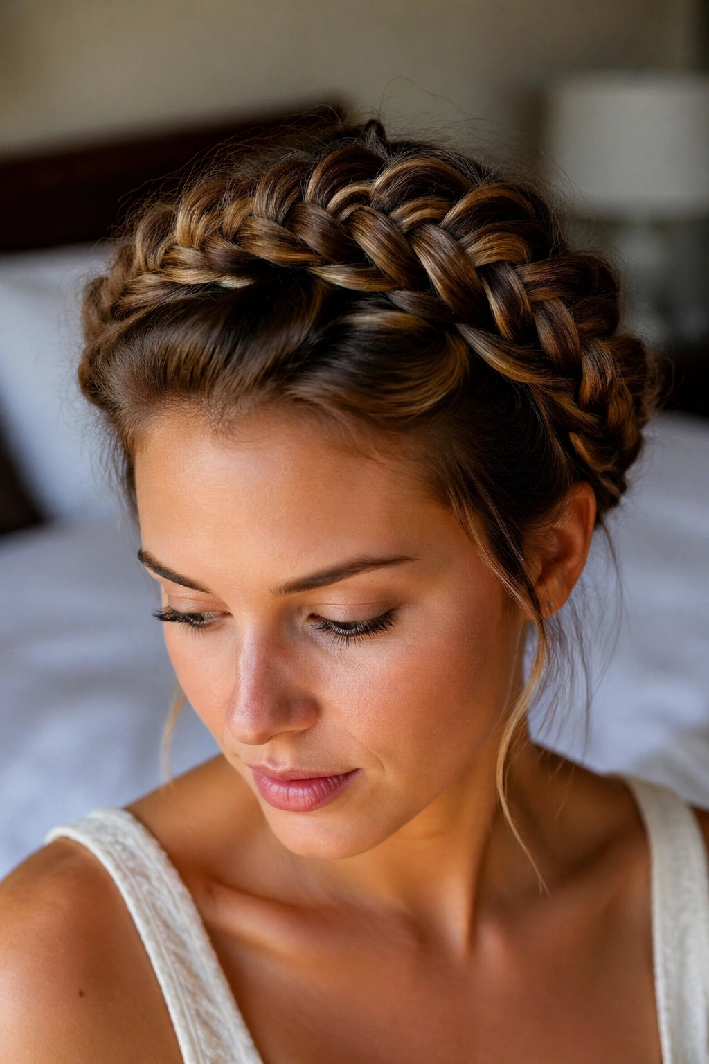 Close-up of a real woman with a fishtail crown braid encircling her head
