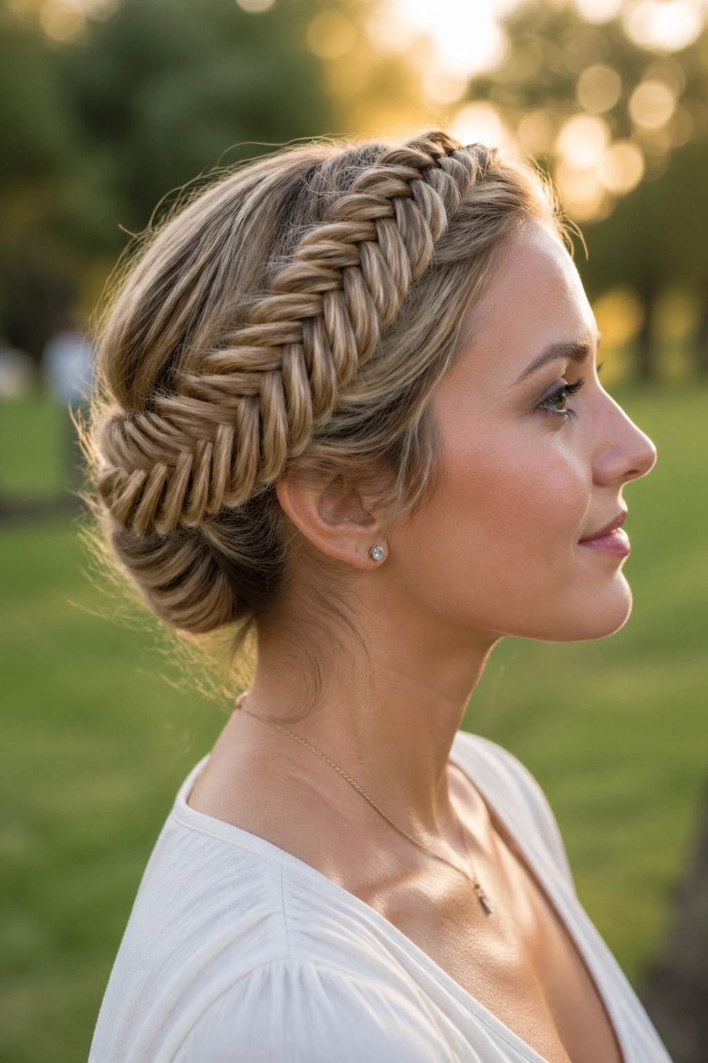 Side profile of a real woman with a fishtail crown braid around the head