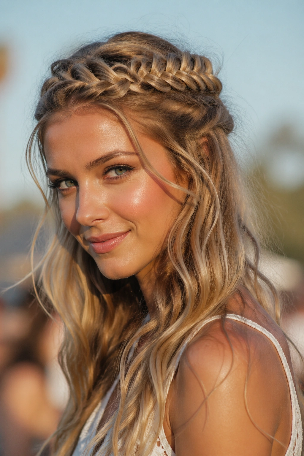 Real woman wearing half-up fishtail crown with soft waves outdoors