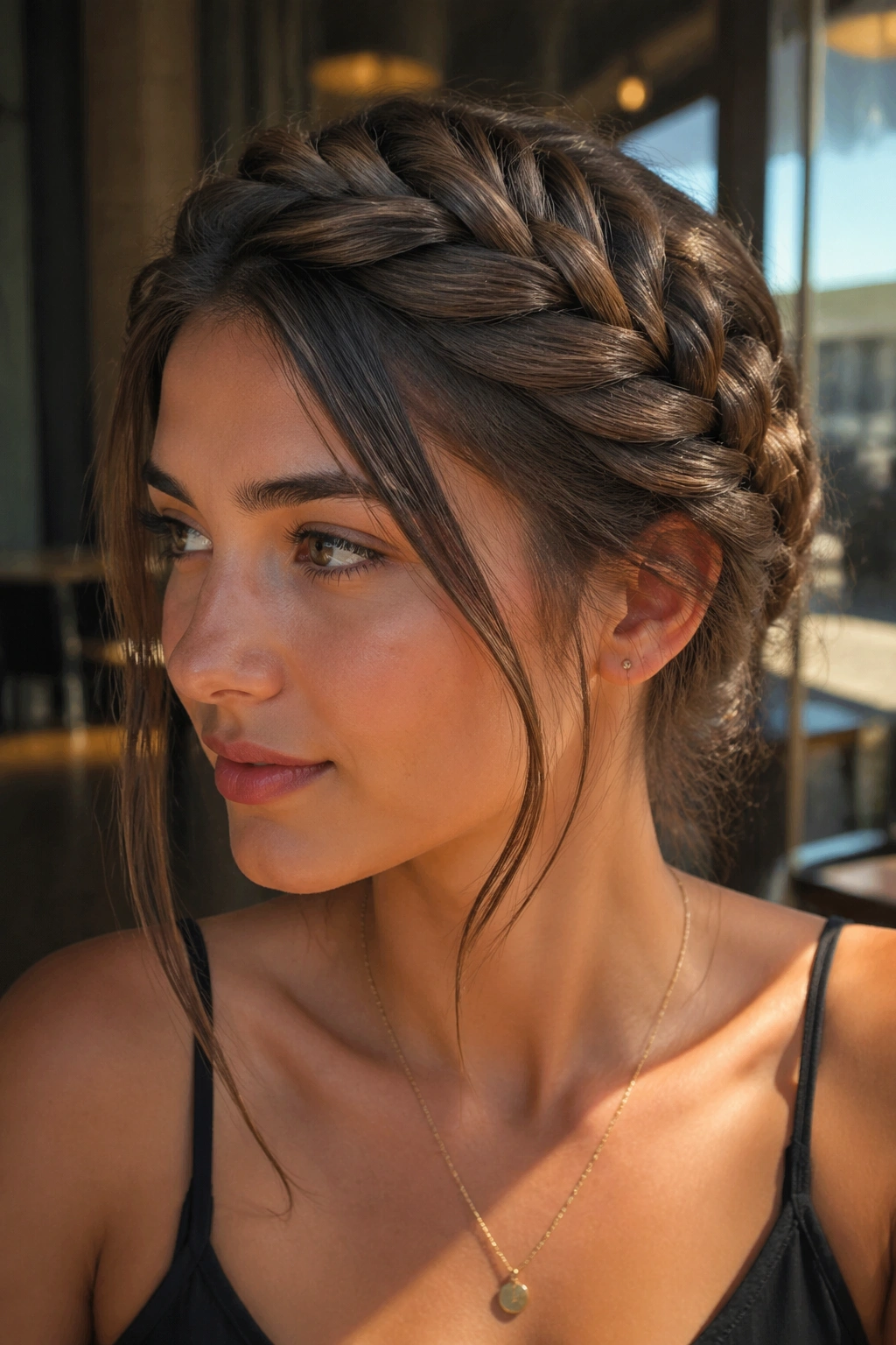 Close-up of a real woman wearing a fishtail crown milkmaid braid