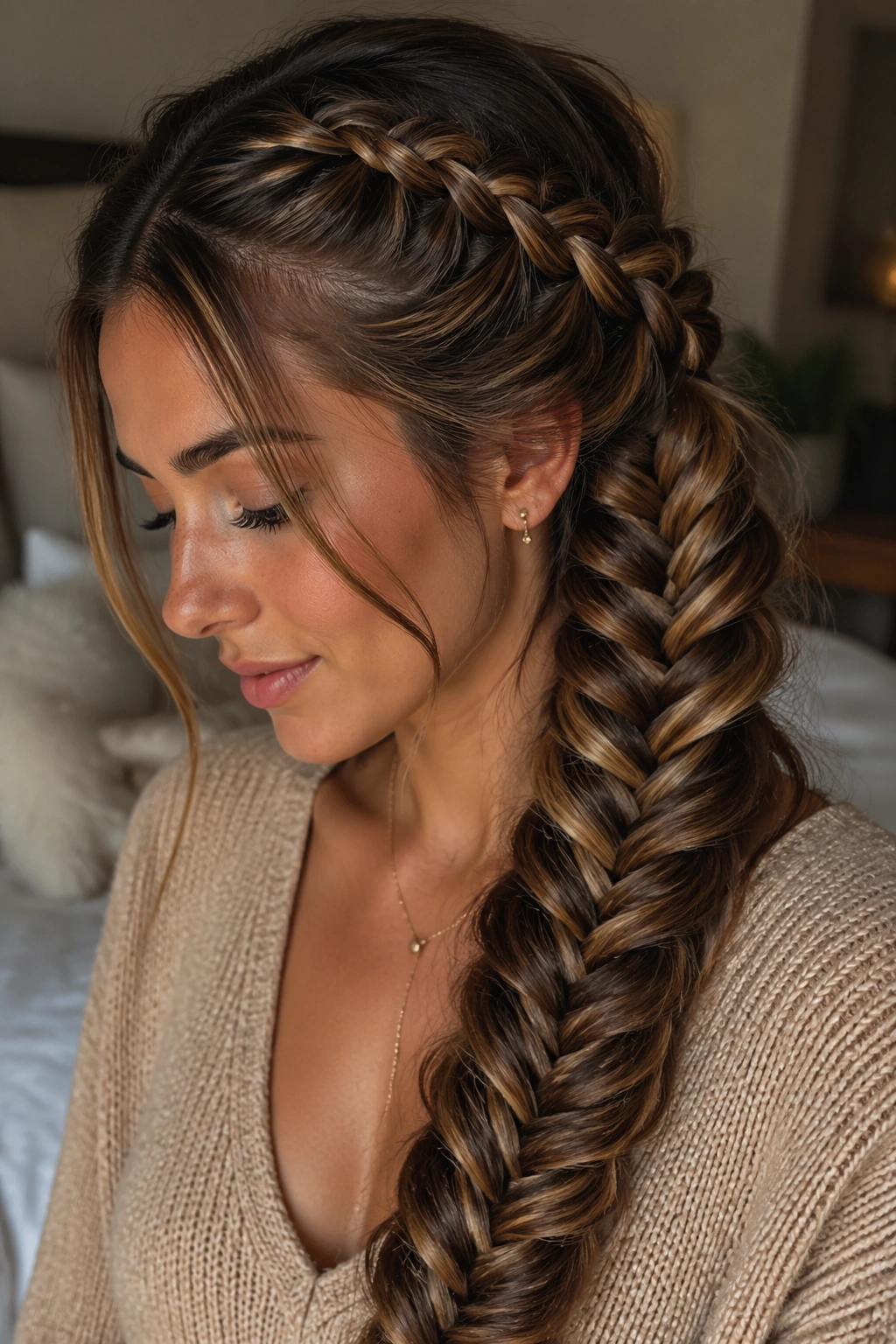 Close-up of a real woman's head showing a fishtail dragon braid for extra texture in warm natural light