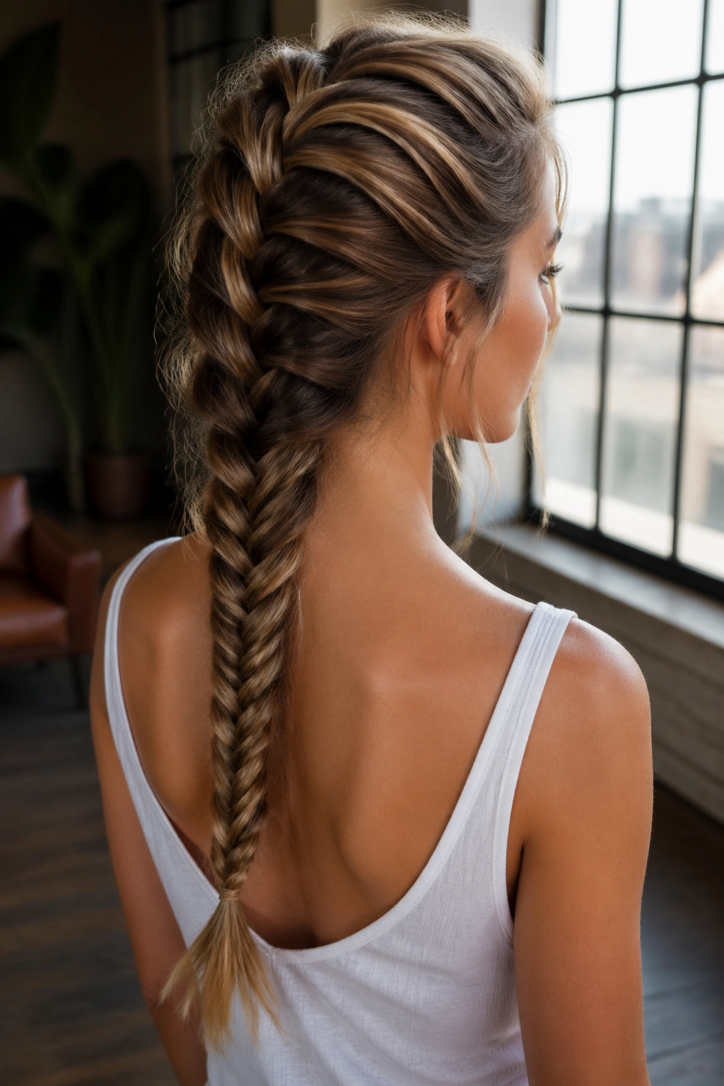 Profile view of a woman showing a French braid transitioning into a fishtail