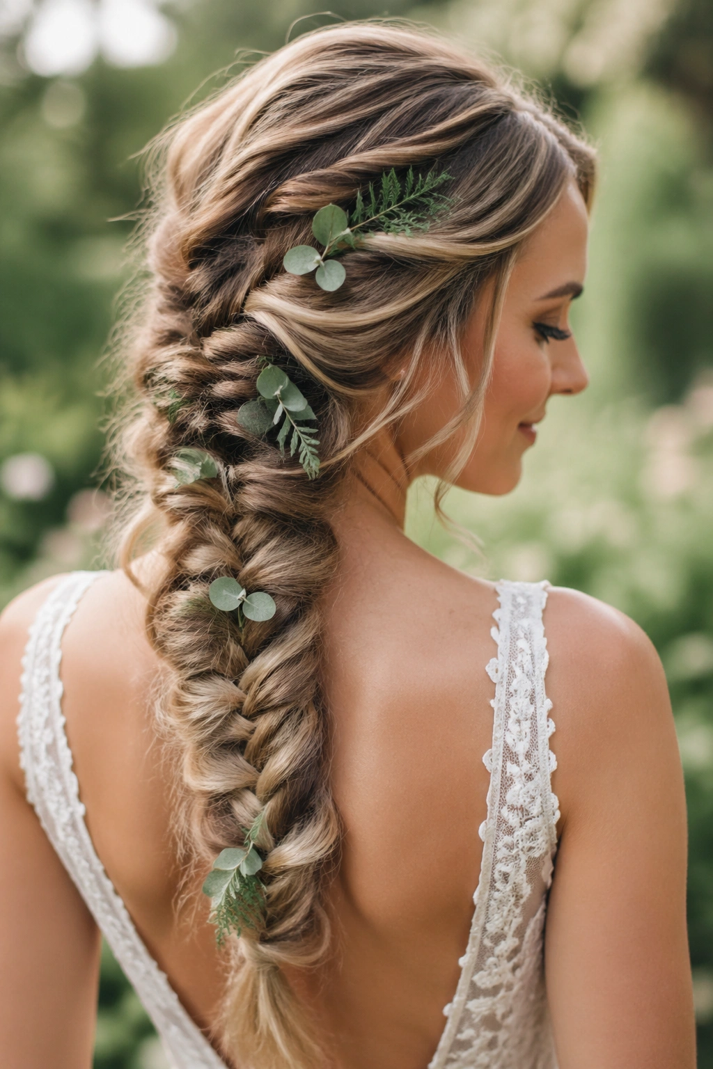 Close-up of a bride's fishtail braid woven with a light greenery garland