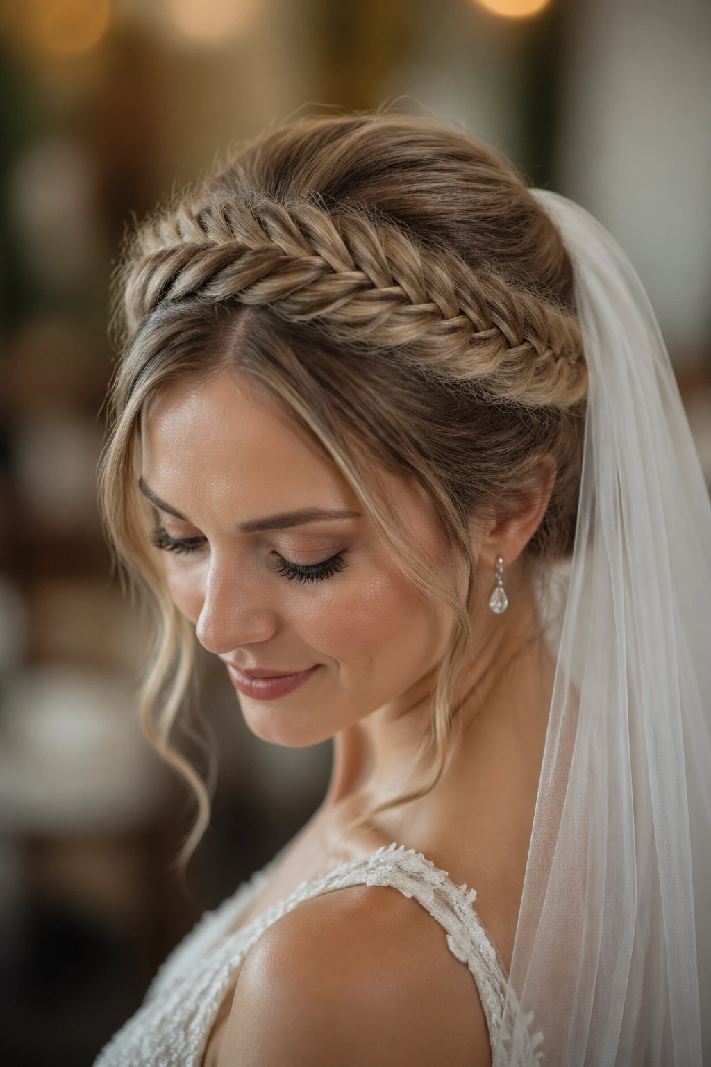 Close-up of a real bride with a fishtail halo braid and subtle veil