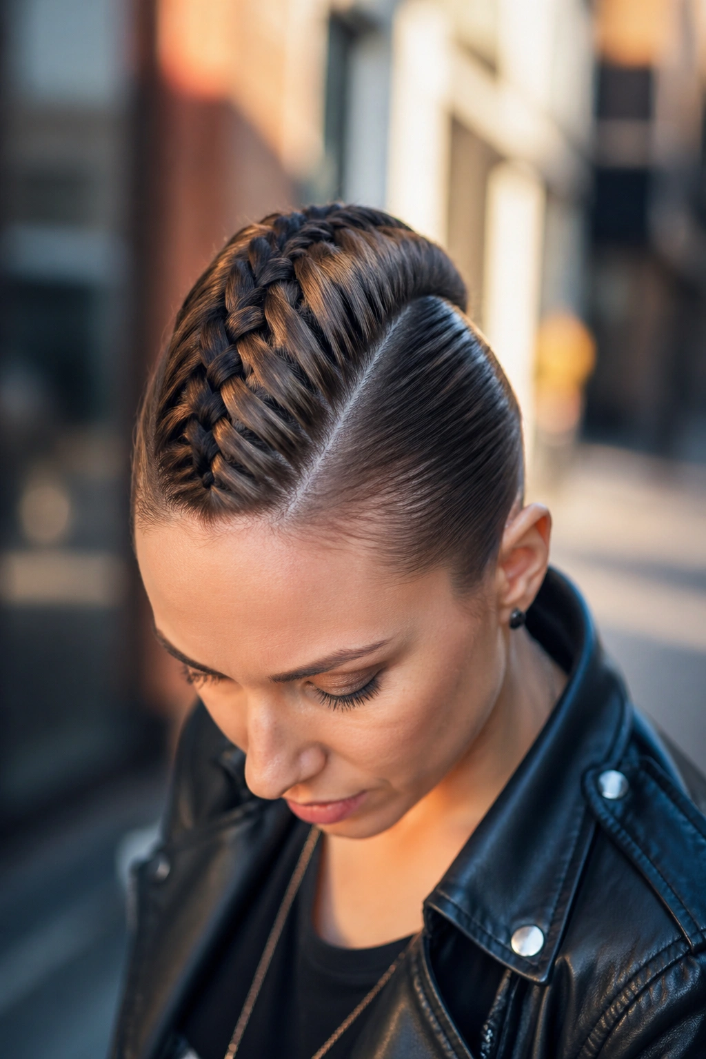 Close-up of a real person with a center fishtail braid mohawk
