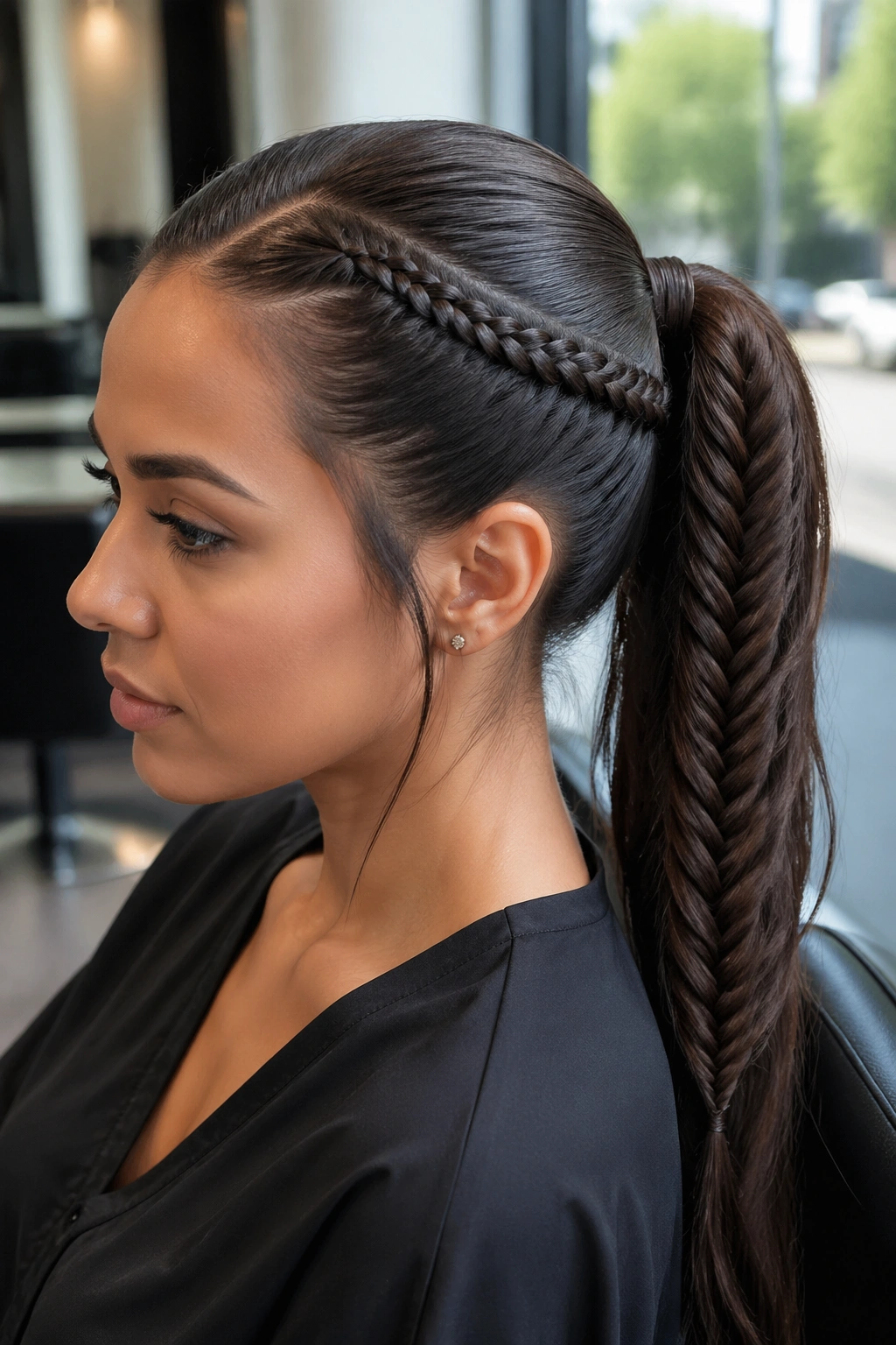 Close-up of a real woman's head showing lace braid and fishtail ponytail in natural window light