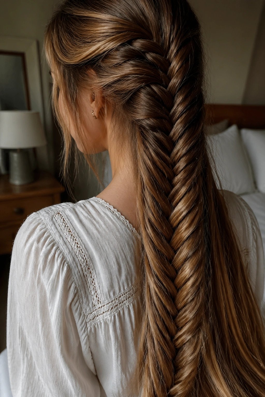 Close-up of a real woman with a waist-length fishtail lace braid in soft window light