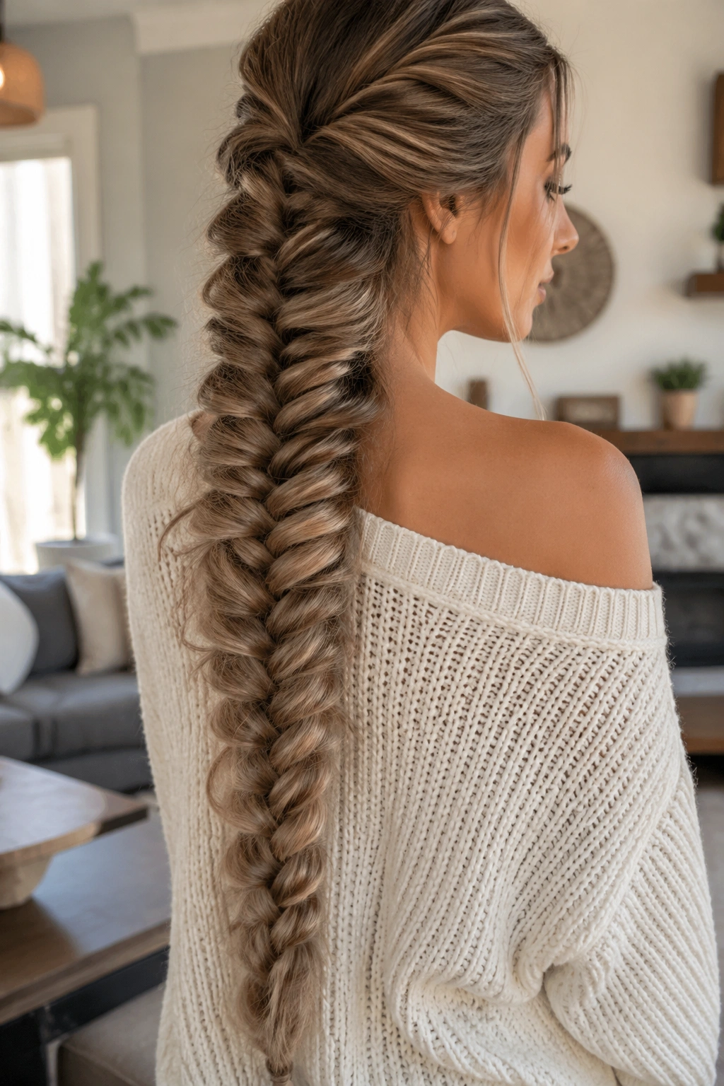 Real woman with a fishtail pancake braid down the back