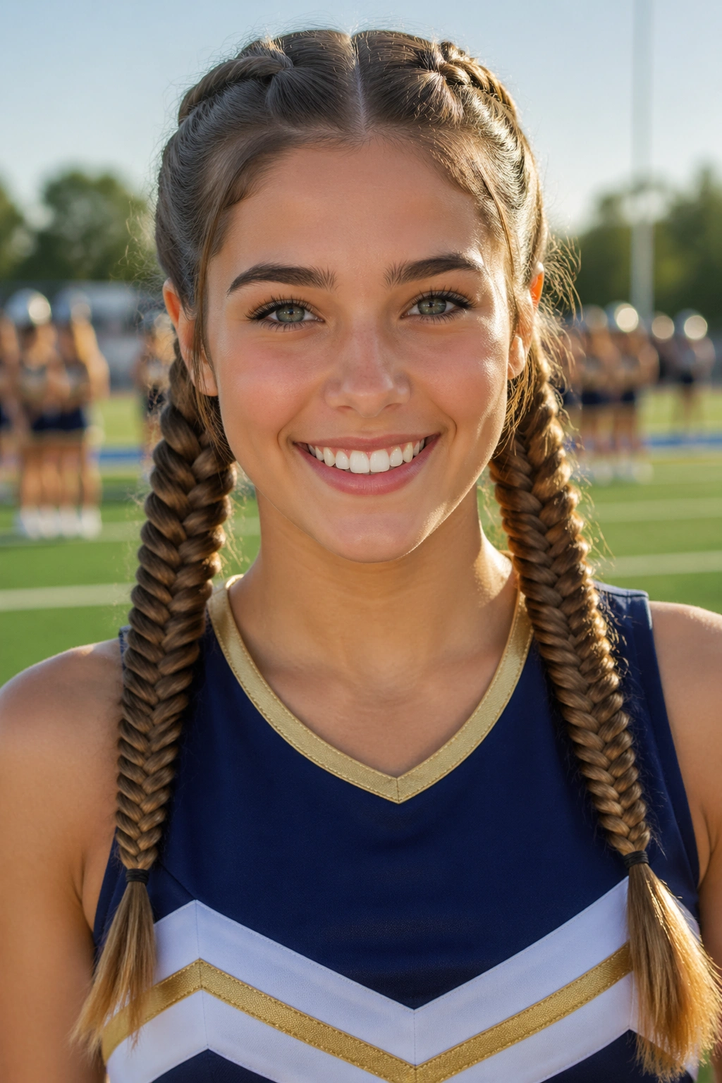Close-up of a real person with fishtail pigtails on an outdoor field