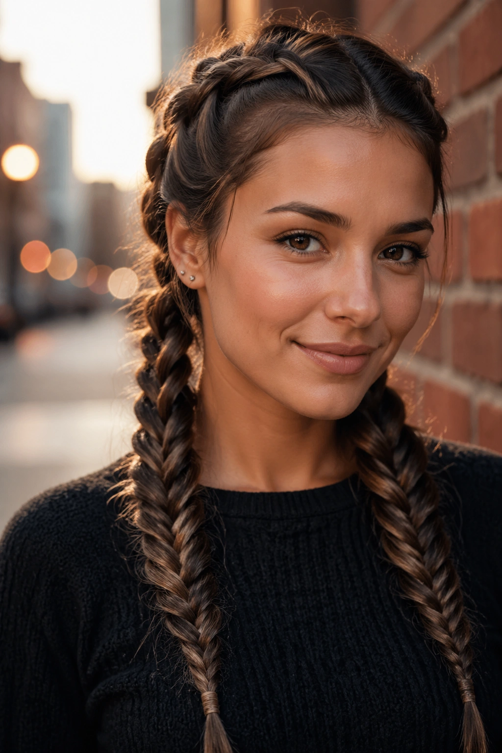 Close-up of a real woman with fishtail pigtail braids, textured twin tails against a brick wall backdrop.