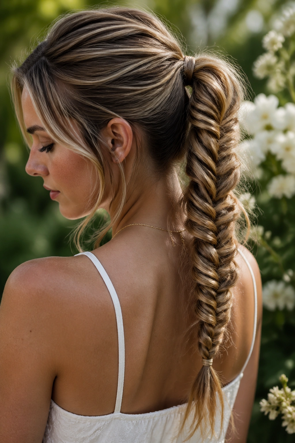 Close-up of a real woman with a fishtail ponytail braid outdoors in sunlight