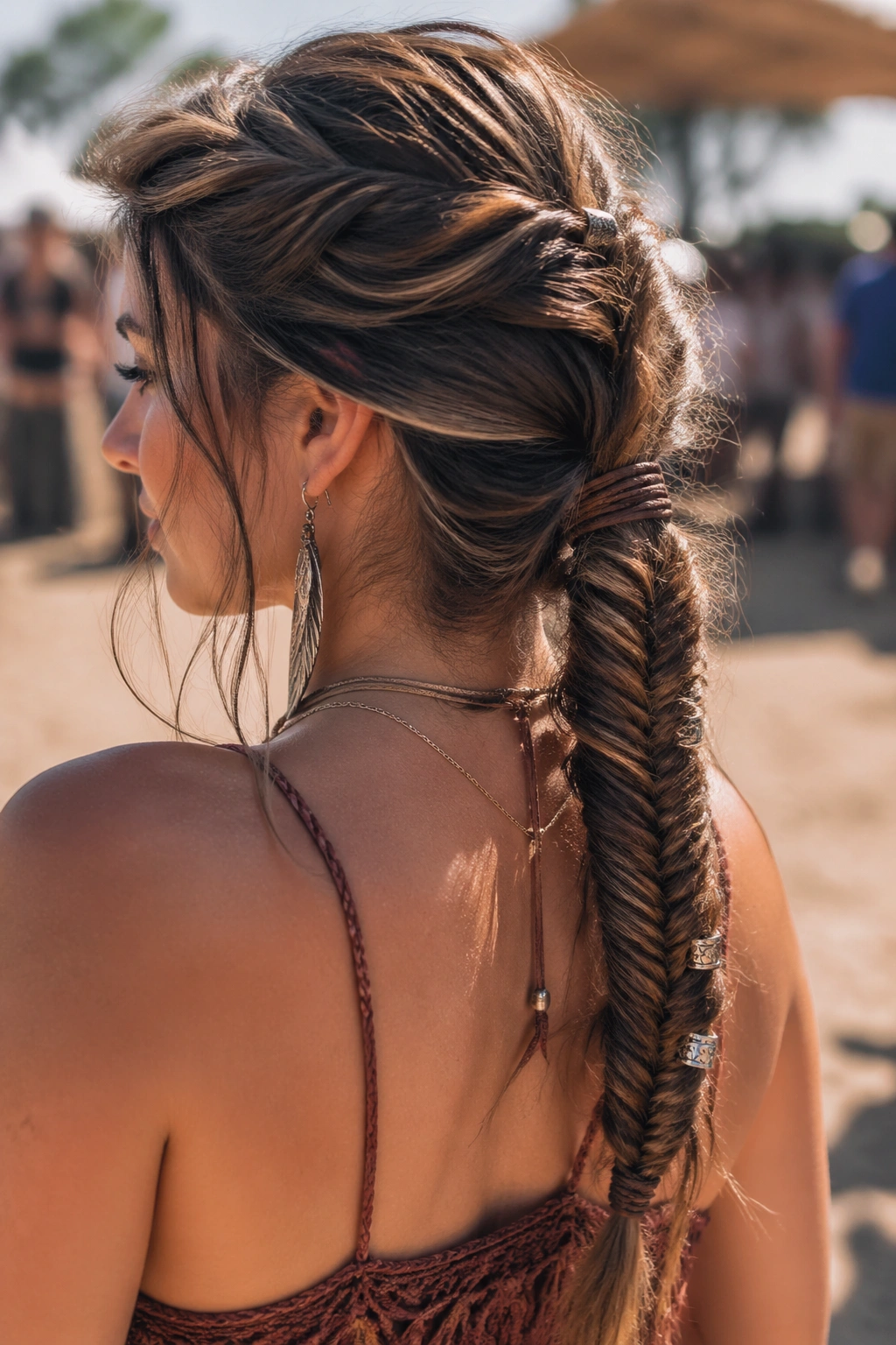 Close-up portrait of a real woman with a fishtail ponytail featuring loose texture and metal accessories at a festival