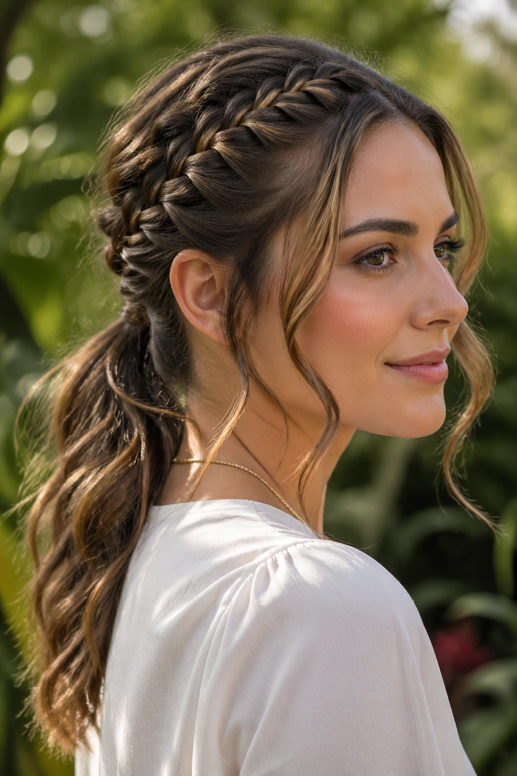 Close-up of a real woman with Fishtail Ponytail and loose tendrils