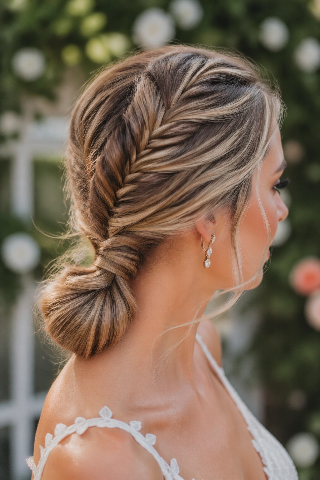 Close-up of a real woman with a mid-height fishtail ponytail and tucked ends in a garden wedding setting
