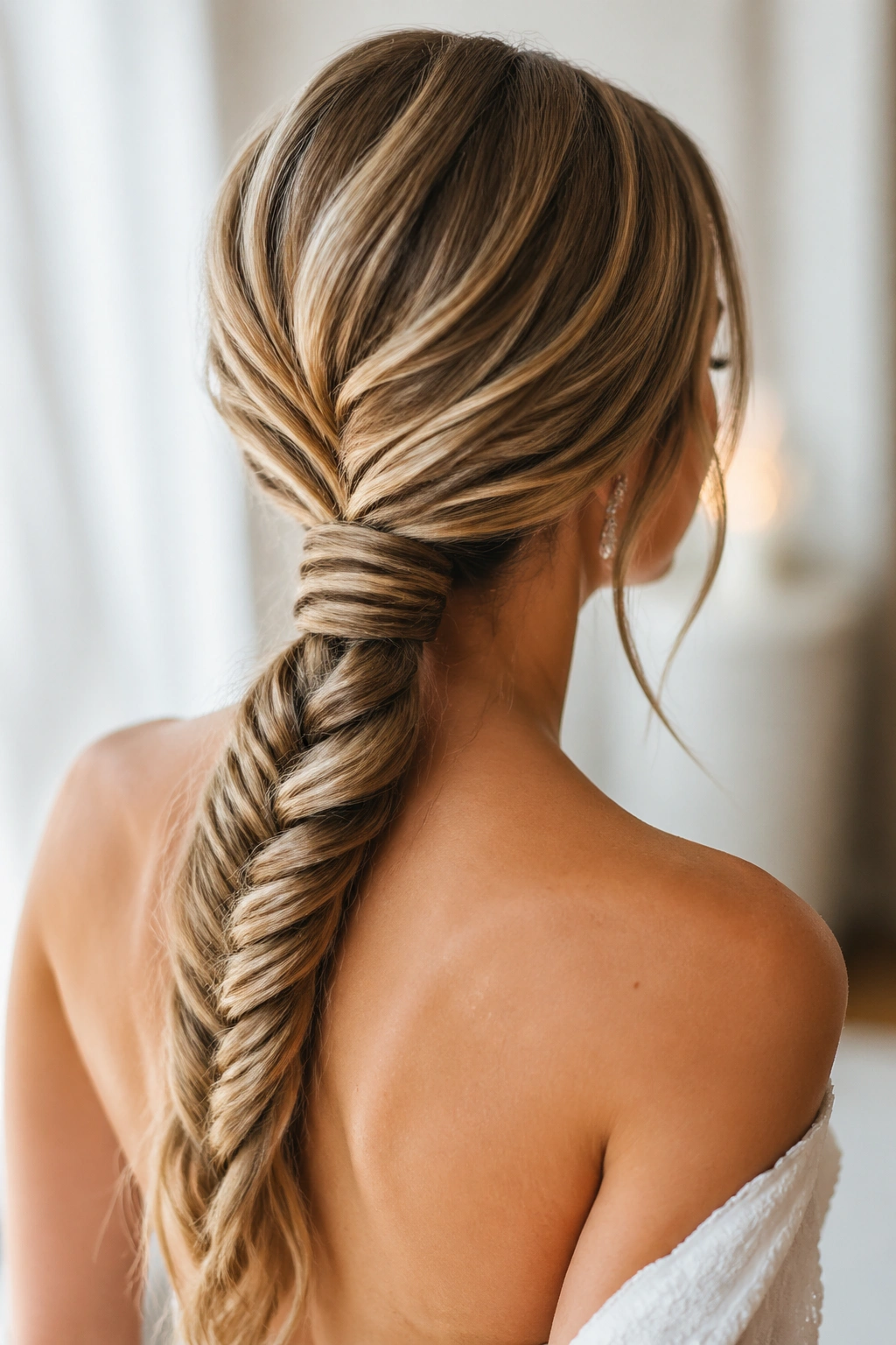 Bride with fishtail low ponytail wrapped at the nape