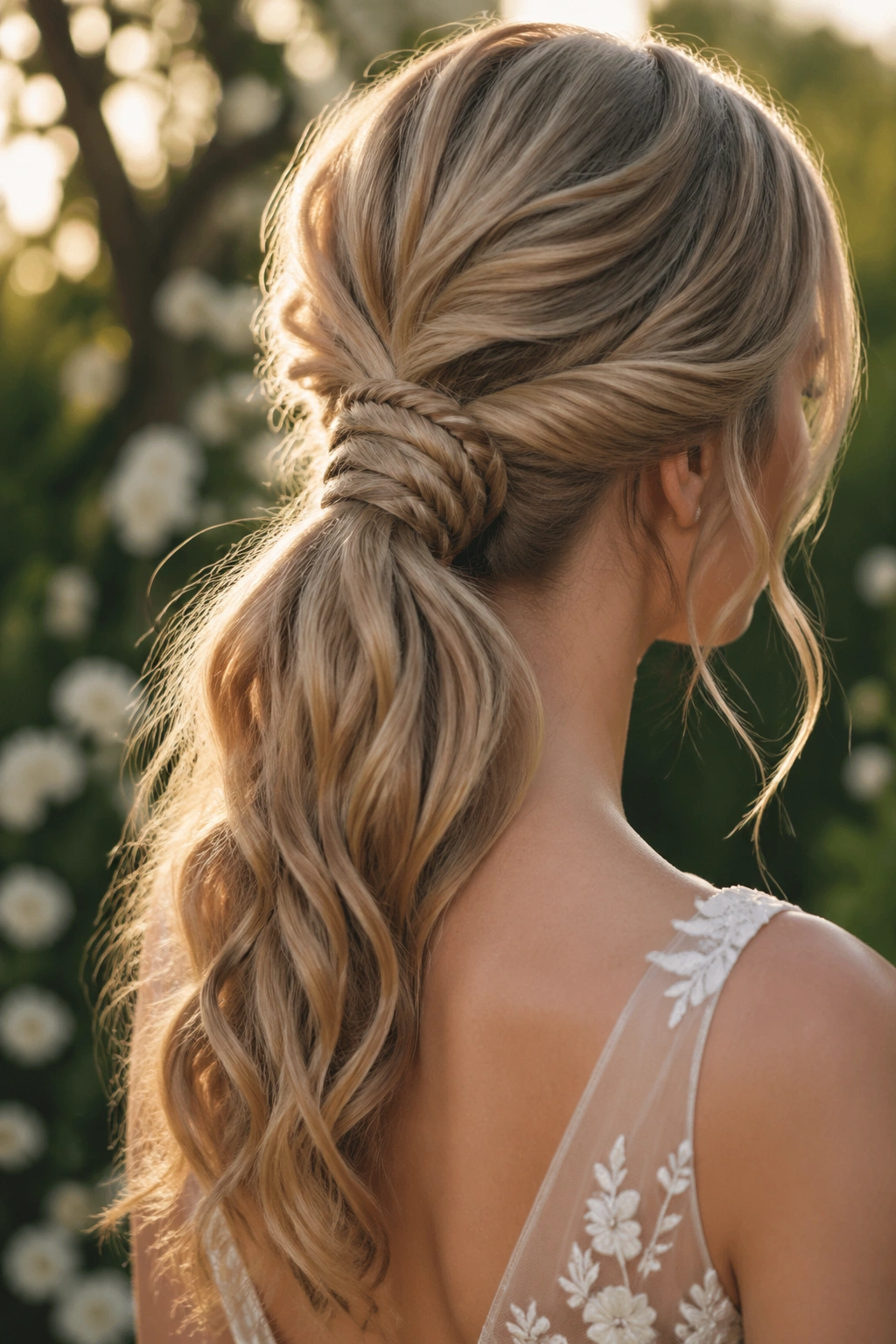 Close-up of a bride with a fishtail wrapped around a soft ponytail in a garden setting.